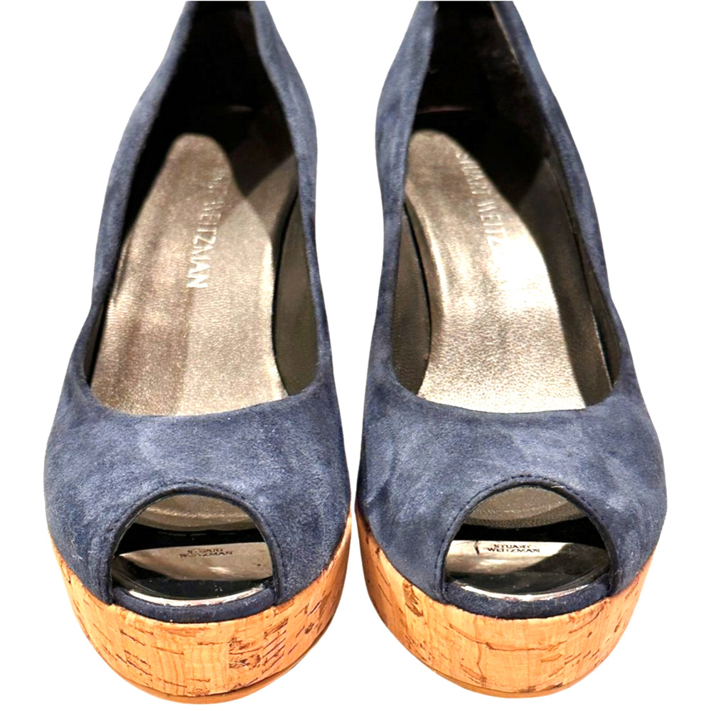 Stuart Weitzman Navy Suede Cork Peep-Toe Wedges - Picture 2 of 8